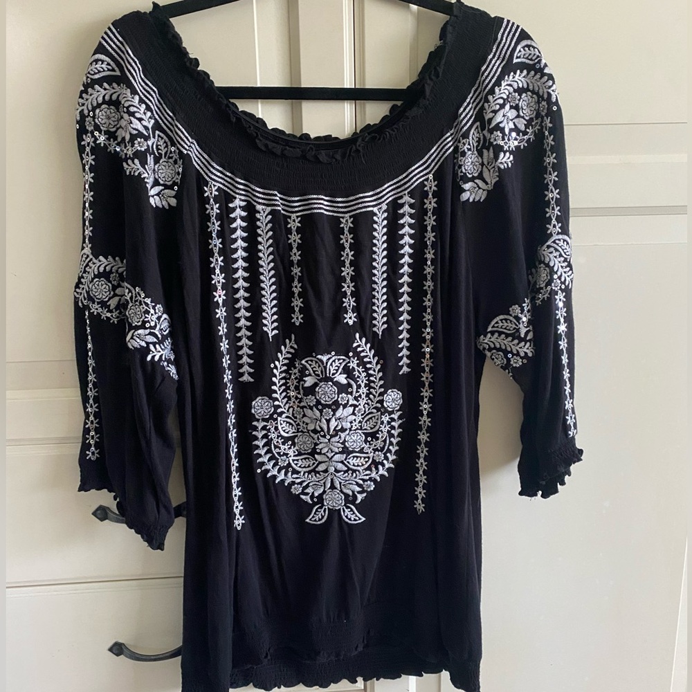 Embroidered Black and White Women's Top